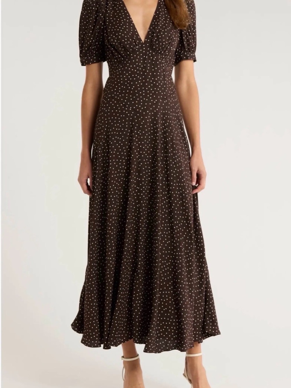 Reformation Naira Dress- Brown polka dot V-neck maxi dress